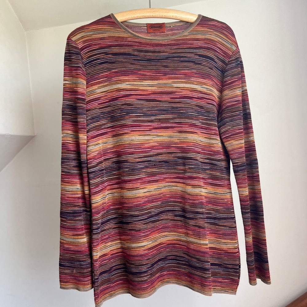 Vintage Missoni Knit Top 46 Multicolor Striped Long Sleeve Wool Rayon Sweater